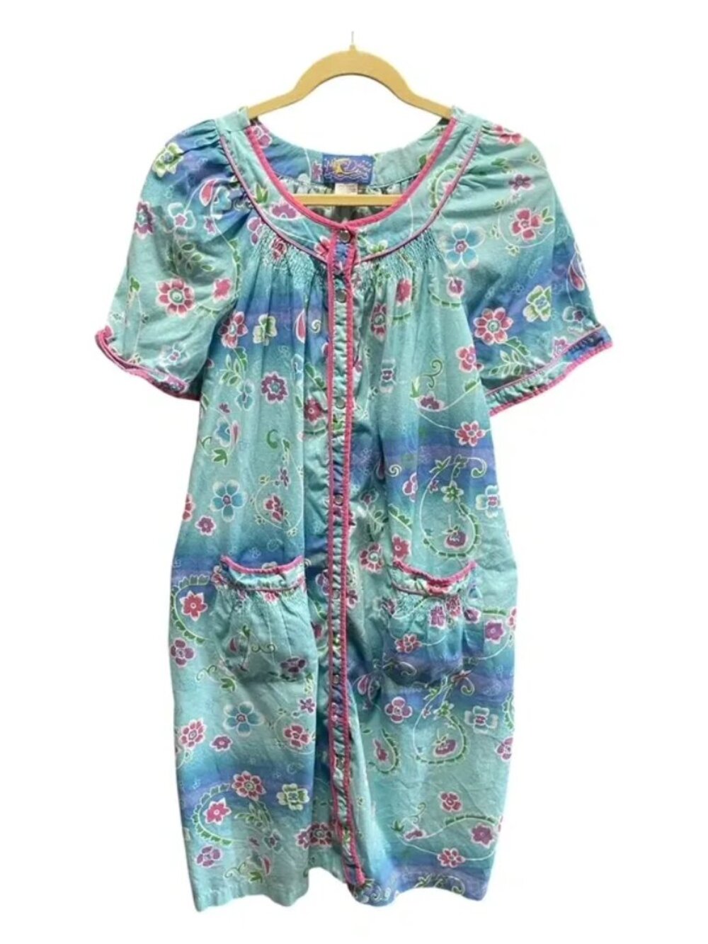 Vintage Moon Dance Teal Blue Floral Nightgown Housedress Robe MuuMuu Mrs. Roper